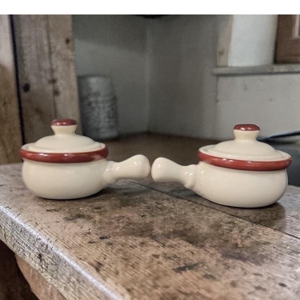 Ceramic Soup Bowls With Handles & Lids, Set of 2, Replacement Cream/Brown Crocks